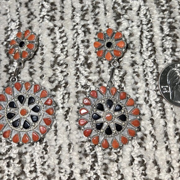 Zuni Coral and Jet Cluster Earrings - Picture 7 of 7